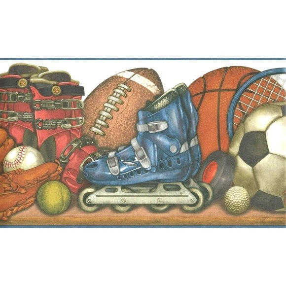 Vtg Sports Equipment Wallpaper Pre-Pasted Border Design by Color 5 Yards - Picture 2 of 3